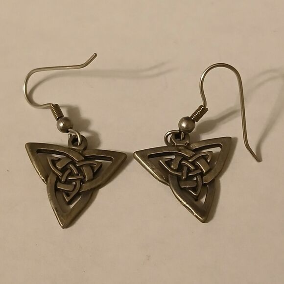 Trinity Celtic Knotwork Triangle Silver Tone Drop Earrings - Picture 5 of 7